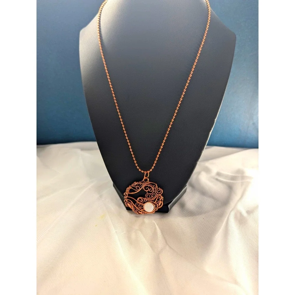 Copper Tone Round Filigree Charm Pendant Necklace Ball/Bead Chain Barrel
